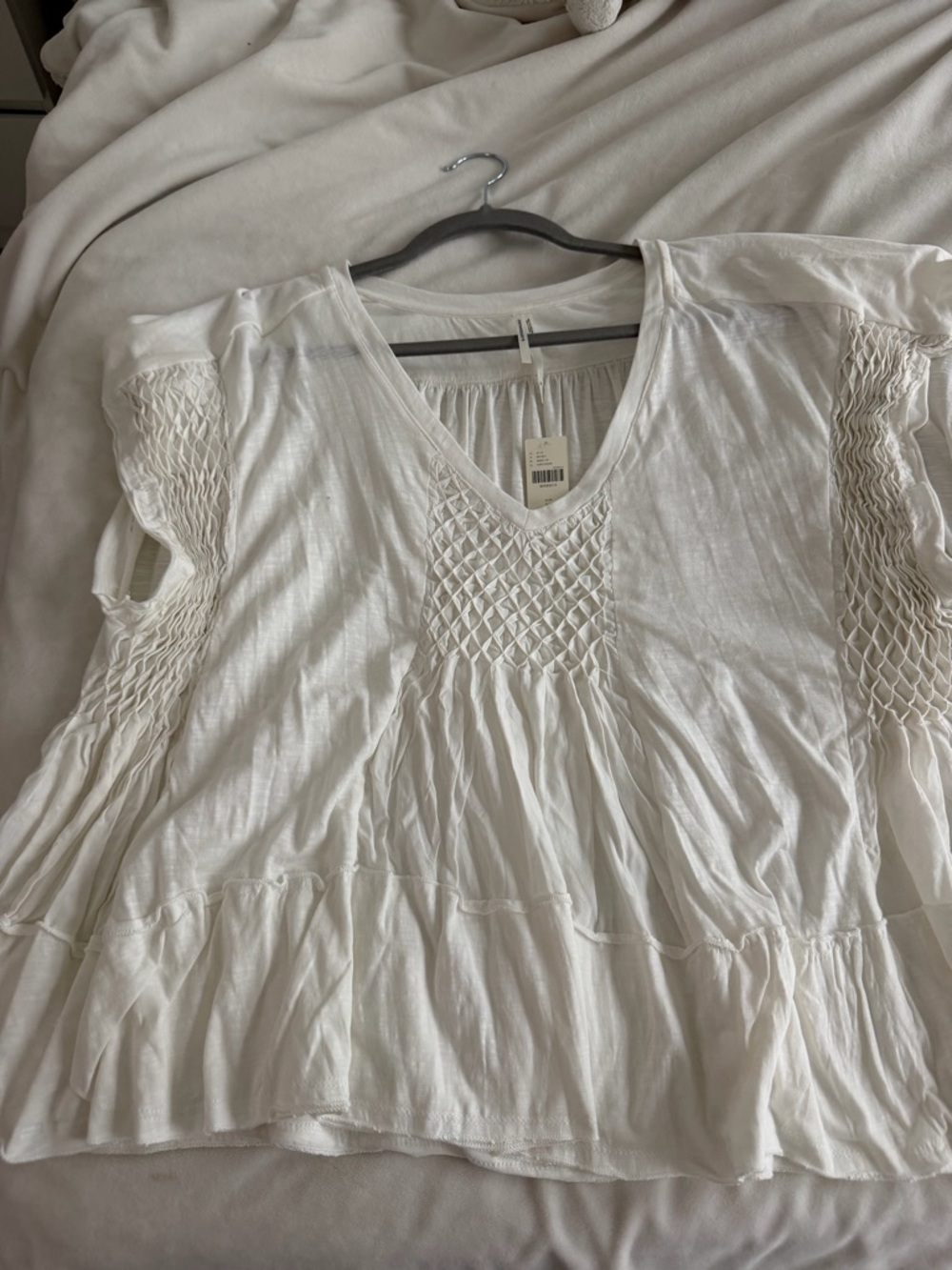 Anthropologie White V-Neck Smocked Tiered Tunic